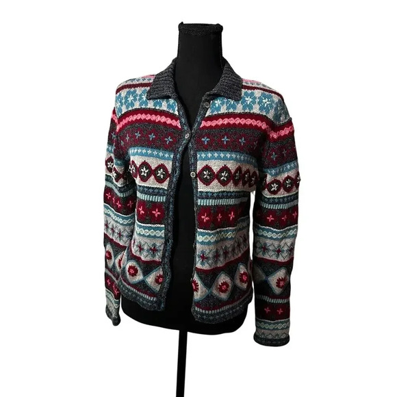 Vintage Wool Blend Cardigan Asweater Nordic Fair Isle Blue Women’s Medium - Picture 1 of 9